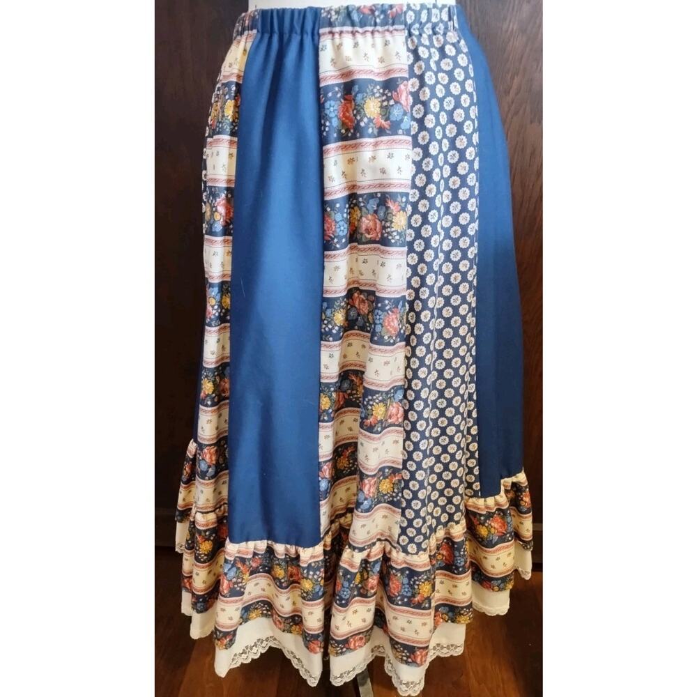 Carefree Fashions Maxi Skirt Womens Large Navy Peasant Prairie lace tiered USA - Picture 1 of 6